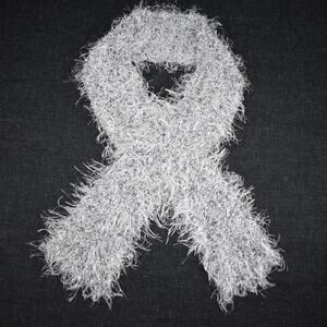 Y2K style white & gray eyelash yarn short skinny scarf with beaded edge fairy